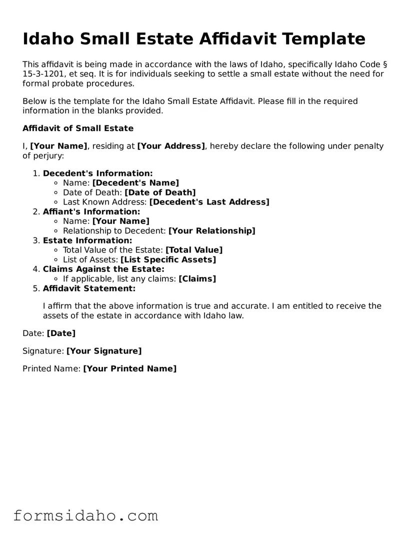 Legal Small Estate Affidavit Document for the State of Idaho