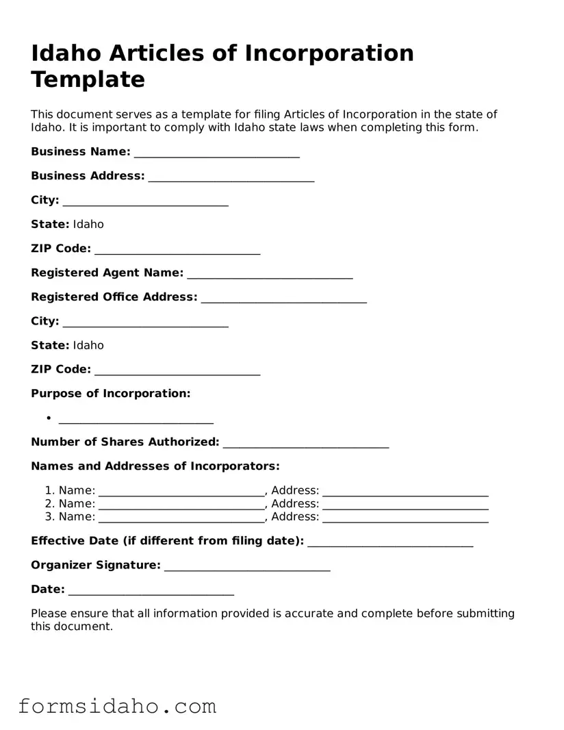 Legal Articles of Incorporation Document for the State of Idaho