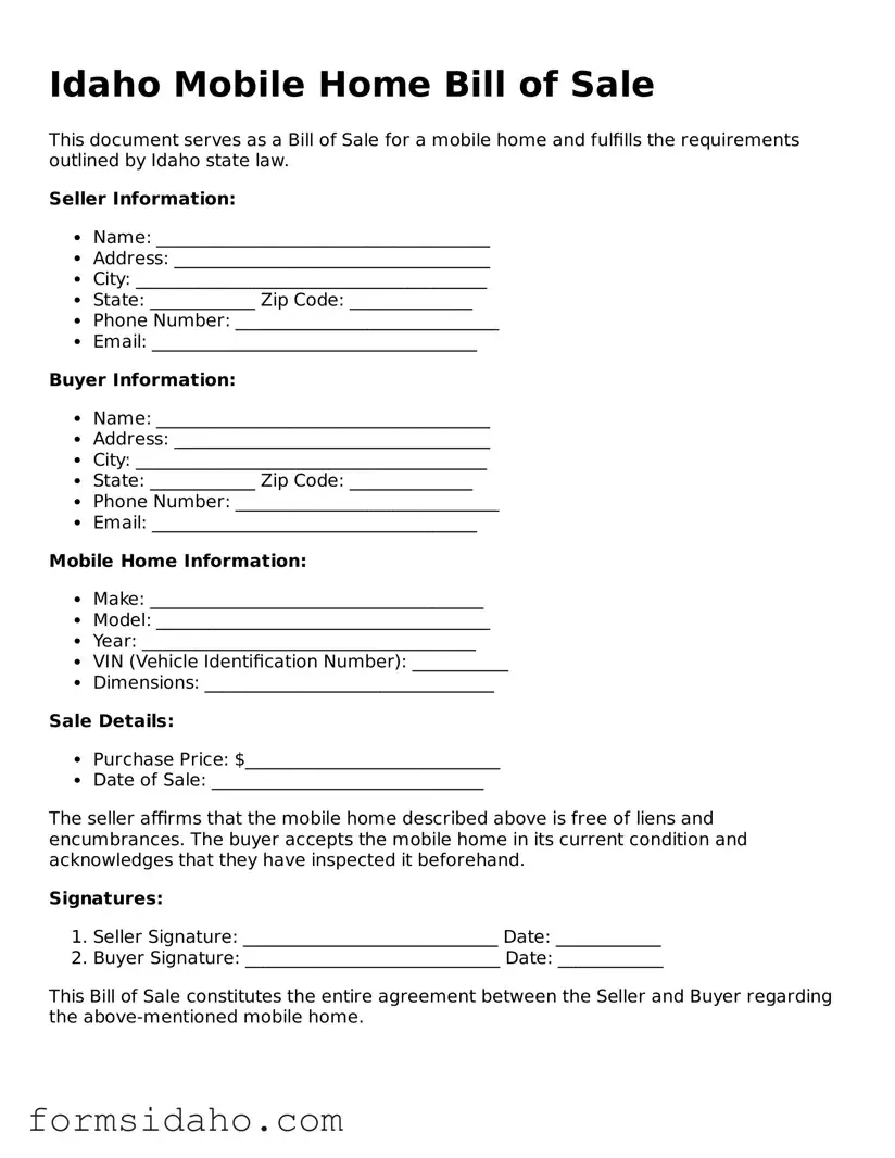 Legal Mobile Home Bill of Sale Document for the State of Idaho