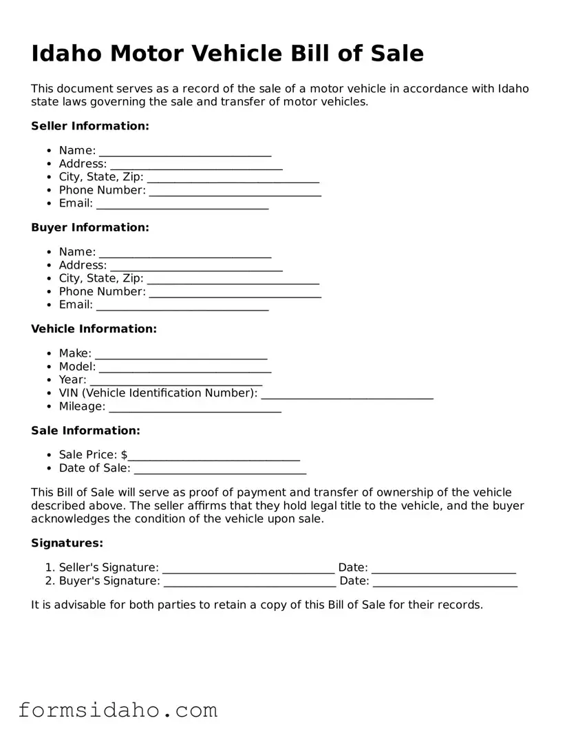 Legal Motor Vehicle Bill of Sale Document for the State of Idaho