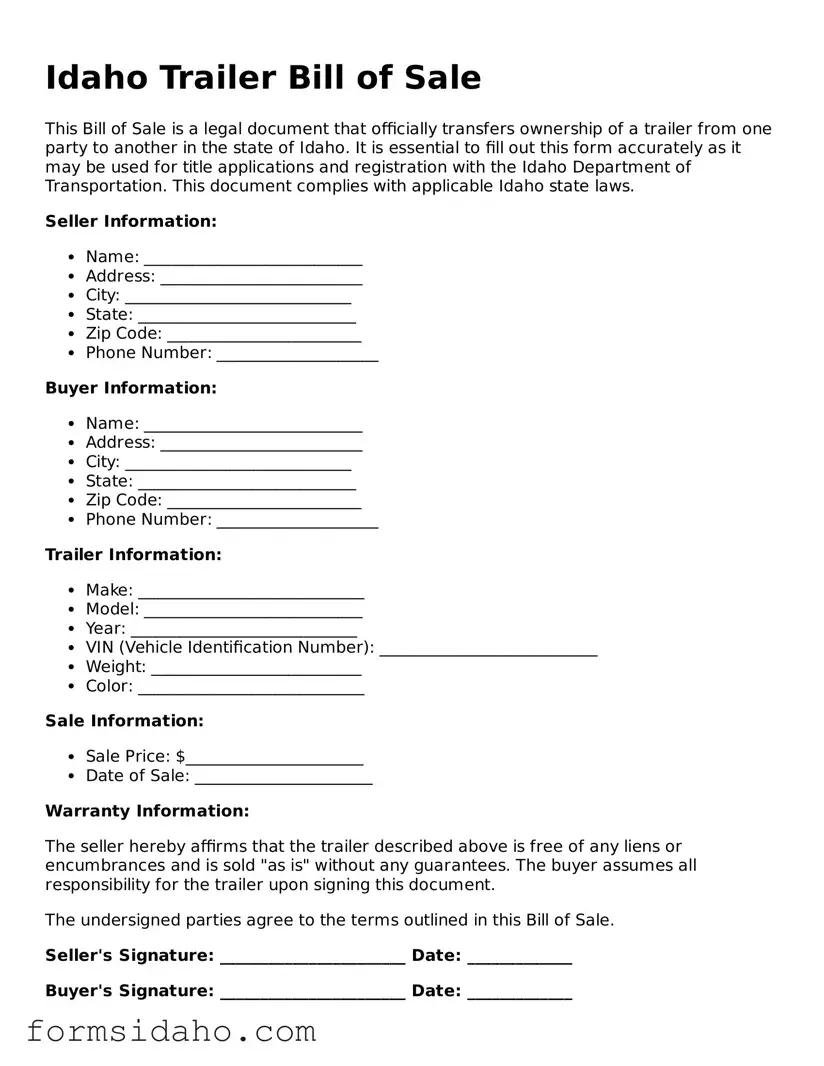 Legal Trailer Bill of Sale Document for the State of Idaho