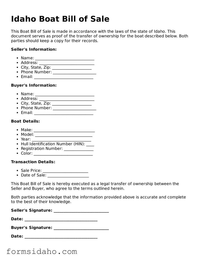 Legal Boat Bill of Sale Document for the State of Idaho