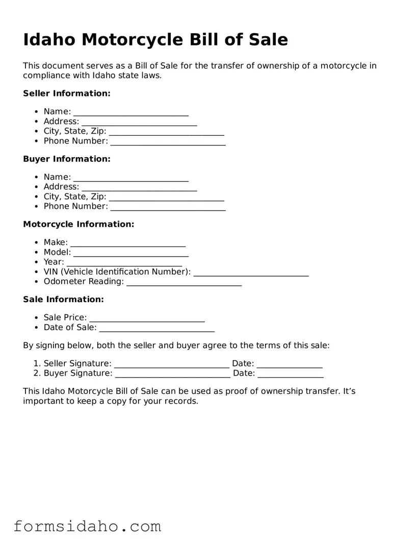 Legal Motorcycle Bill of Sale Document for the State of Idaho