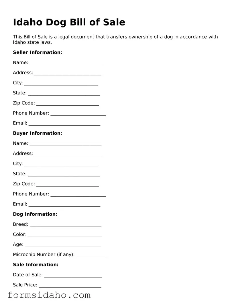Legal Dog Bill of Sale Document for the State of Idaho
