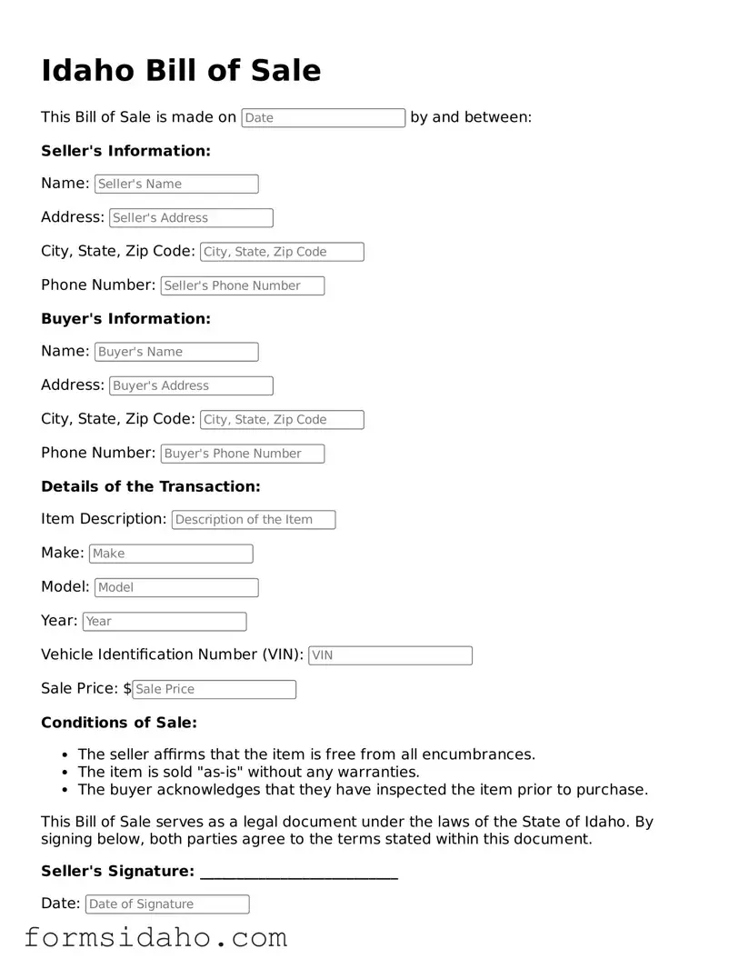 Legal Bill of Sale Document for the State of Idaho