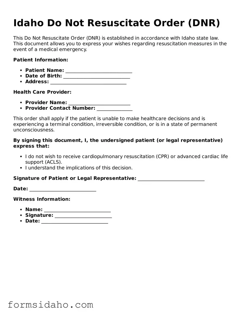Legal Do Not Resuscitate Order Document for the State of Idaho