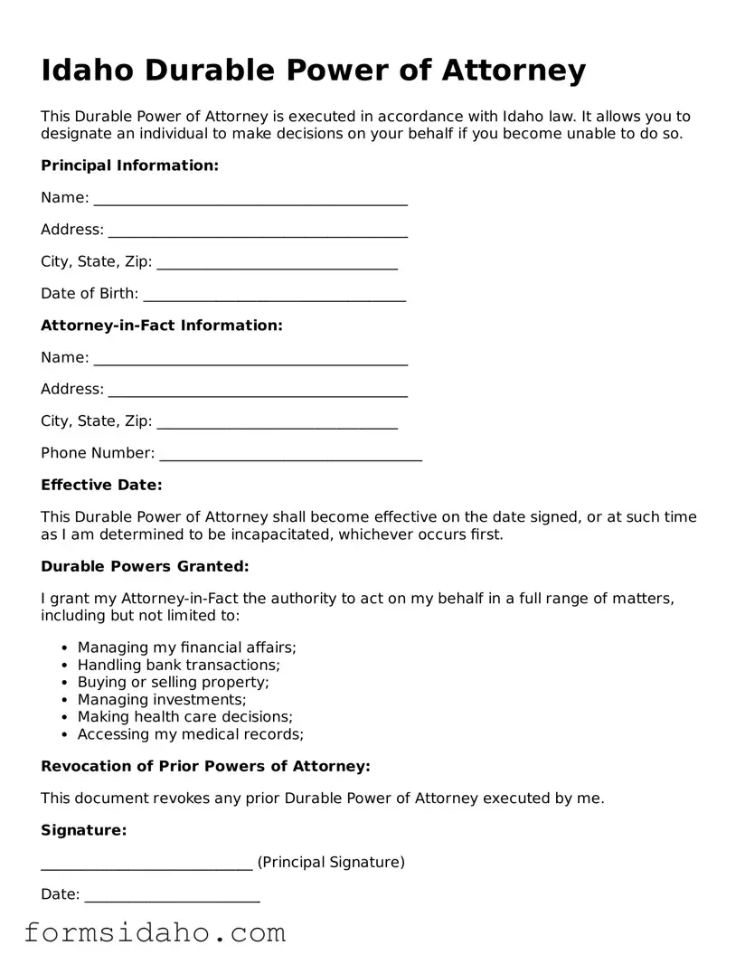 Legal Durable Power of Attorney Document for the State of Idaho
