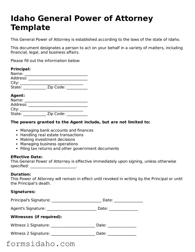 Legal General Power of Attorney Document for the State of Idaho