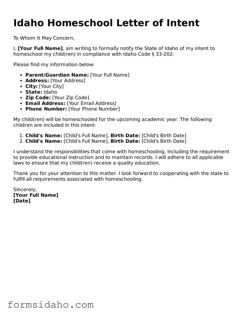 Legal Homeschool Letter of Intent Document for the State of Idaho