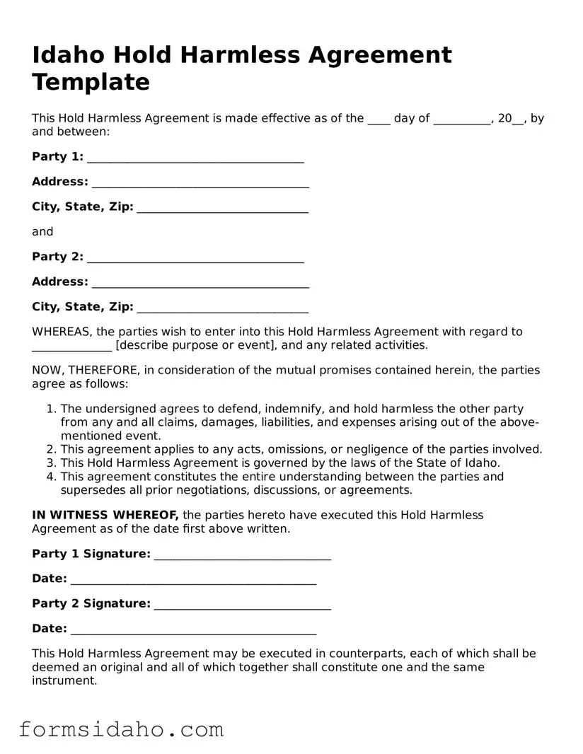 Legal Hold Harmless Agreement Document for the State of Idaho