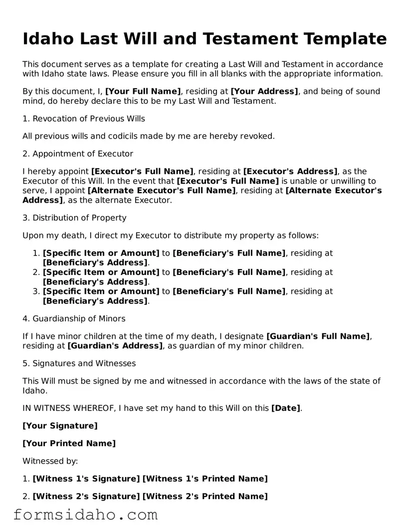 Legal Last Will and Testament Document for the State of Idaho