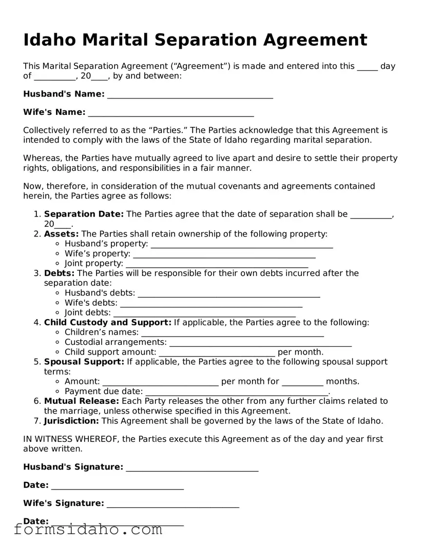 Legal Marital Separation Agreement Document for the State of Idaho