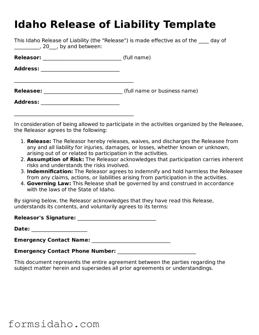 Legal Release of Liability Document for the State of Idaho