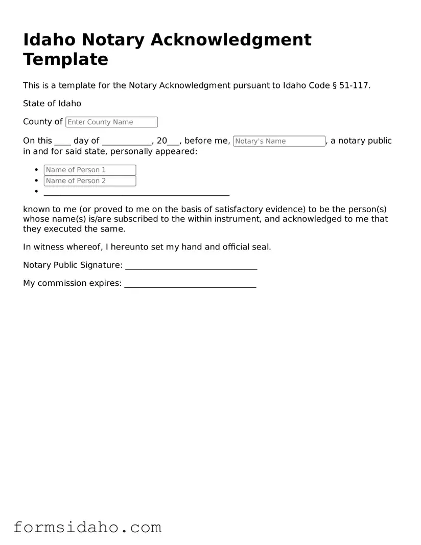 Legal Notary Acknowledgement Document for the State of Idaho