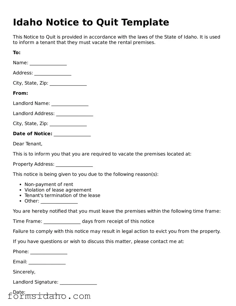 Legal Notice to Quit Document for the State of Idaho