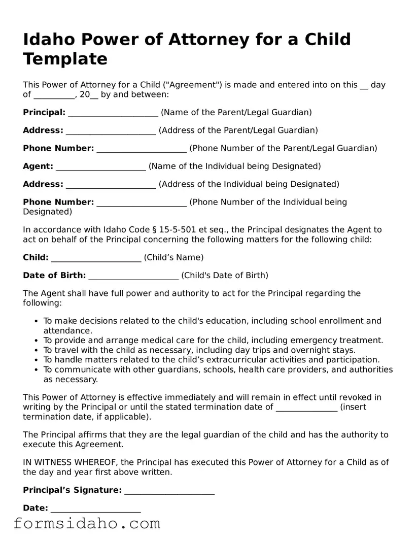 Legal Power of Attorney for a Child Document for the State of Idaho