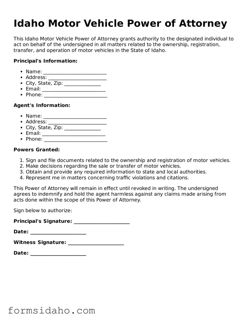 Legal Motor Vehicle Power of Attorney Document for the State of Idaho