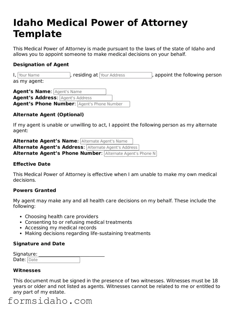 Legal Medical Power of Attorney Document for the State of Idaho