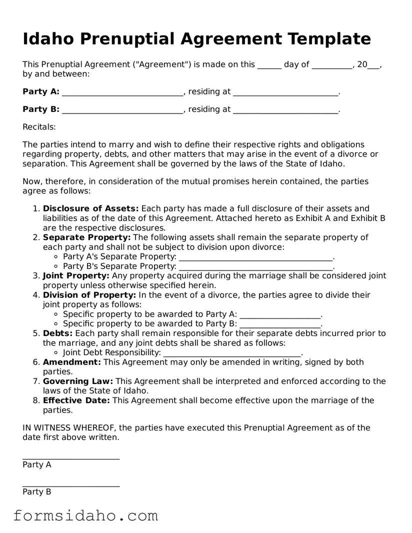 Legal Prenuptial Agreement Document for the State of Idaho