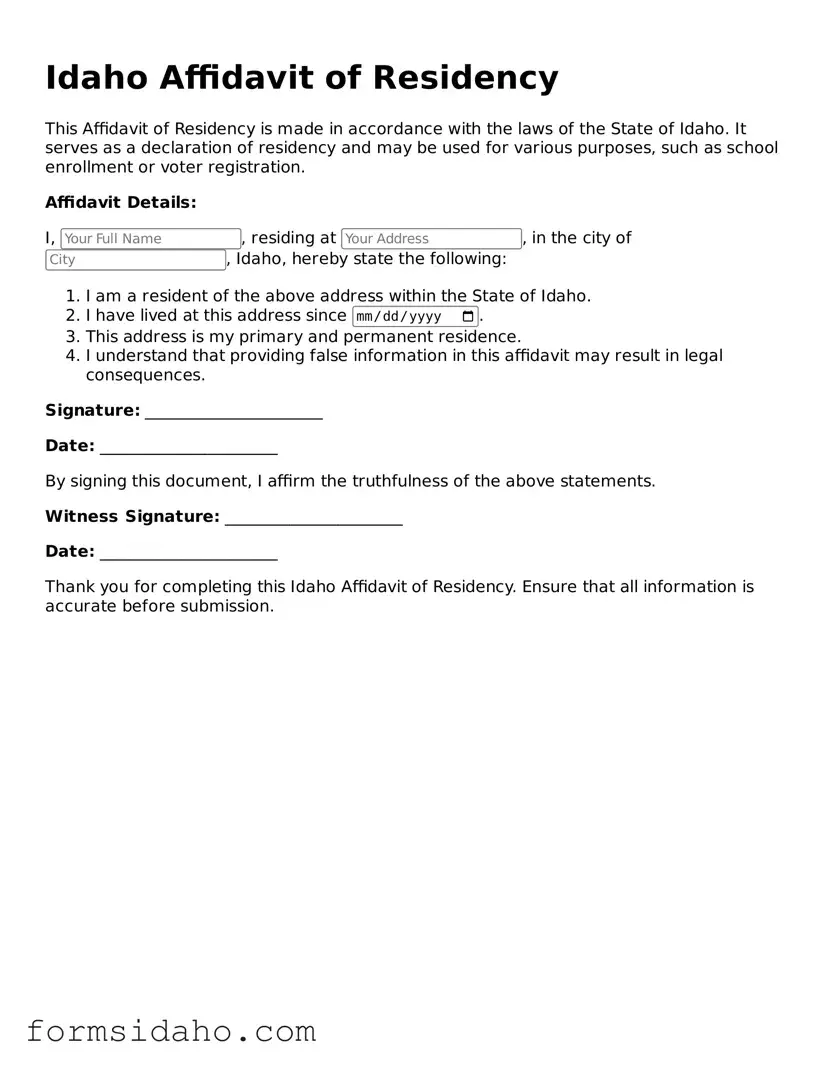 Legal Affidavit of Residency Document for the State of Idaho