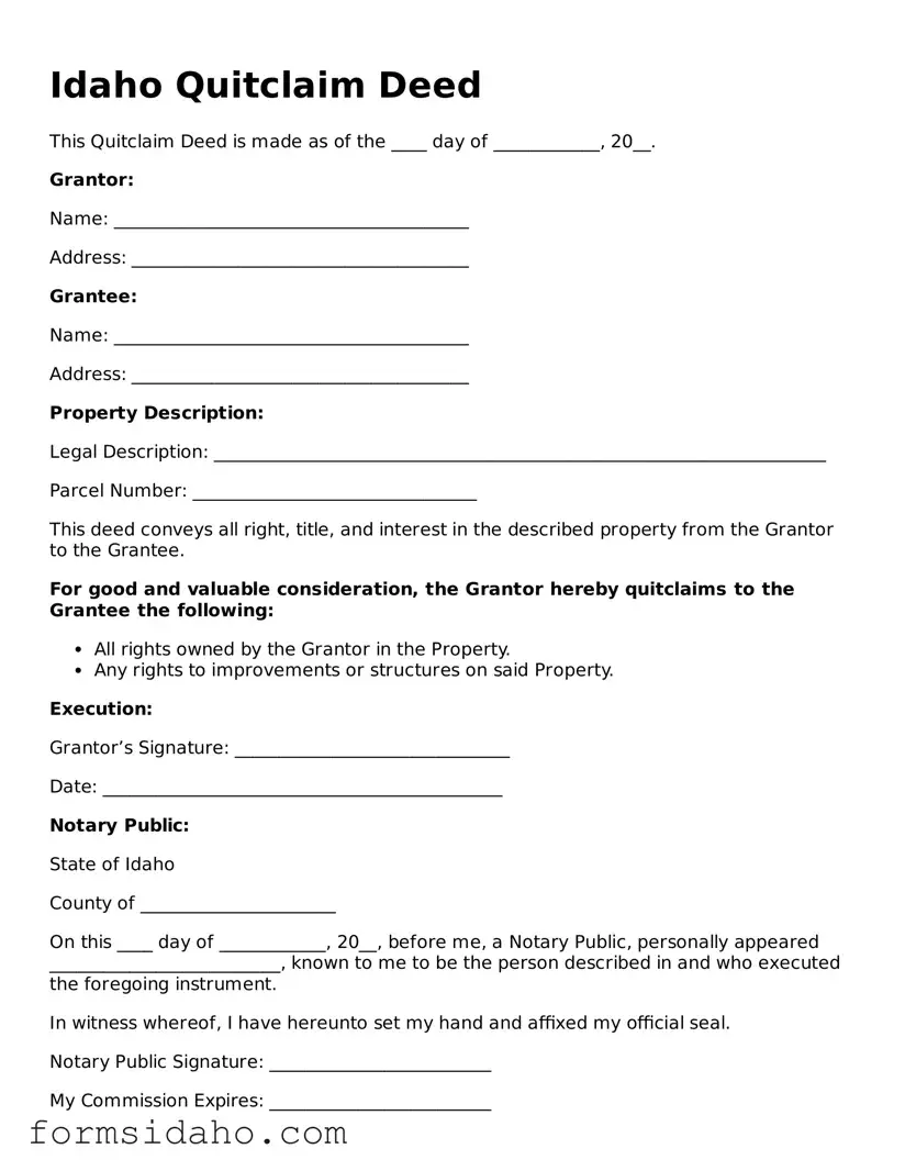 Legal Quitclaim Deed Document for the State of Idaho
