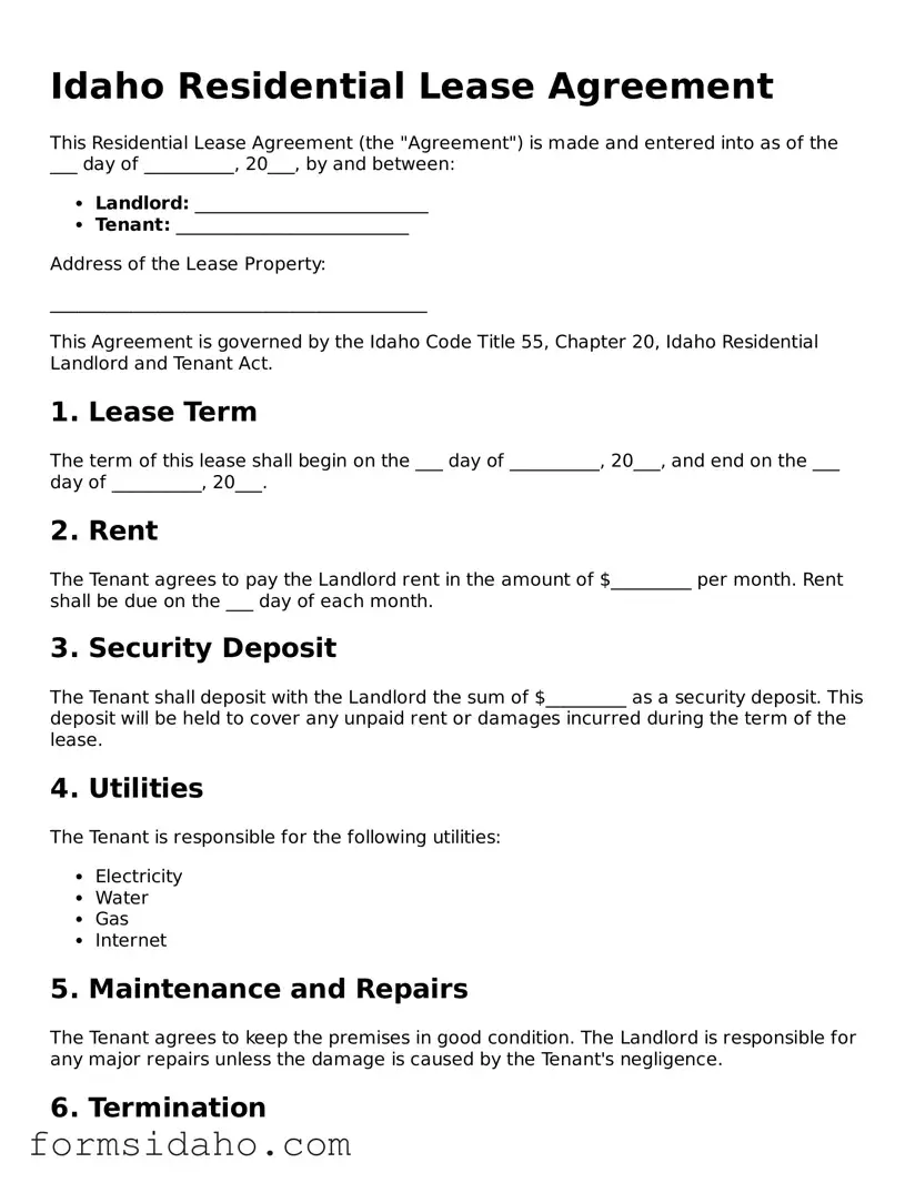 Legal Residential Lease Agreement Document for the State of Idaho