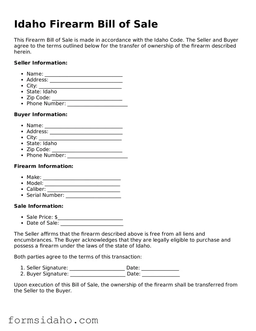 Legal Firearm Bill of Sale Document for the State of Idaho
