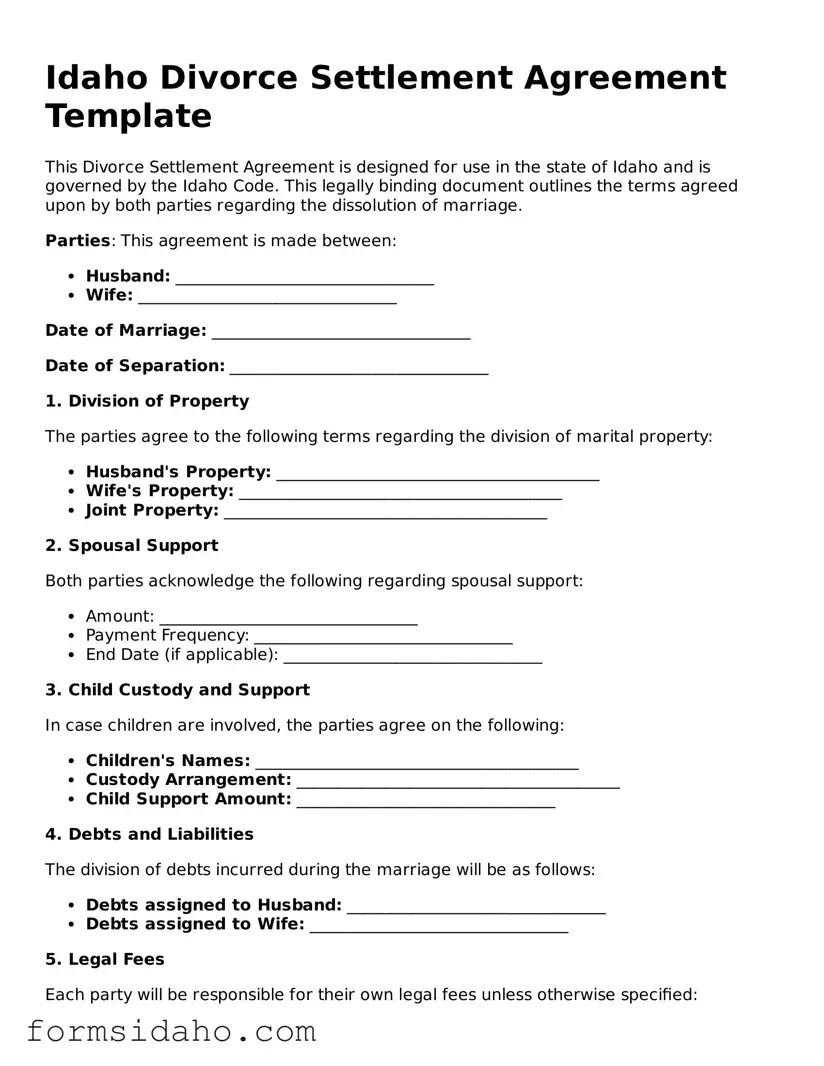 Legal Divorce Settlement Agreement Document for the State of Idaho