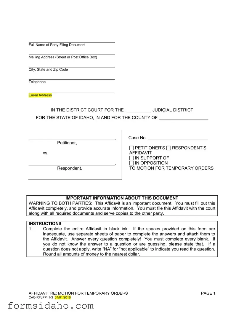 Motion For Temporary Orders Idaho Form