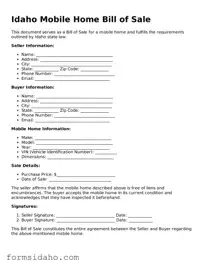 Legal Mobile Home Bill of Sale Document for the State of Idaho