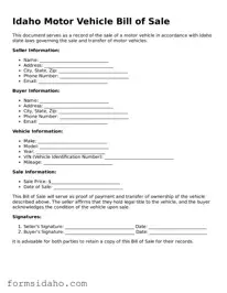 Legal Motor Vehicle Bill of Sale Document for the State of Idaho