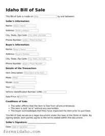 Legal Bill of Sale Document for the State of Idaho