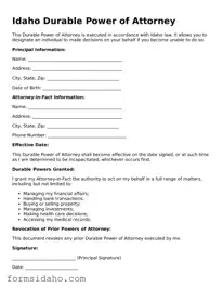 Legal Durable Power of Attorney Document for the State of Idaho