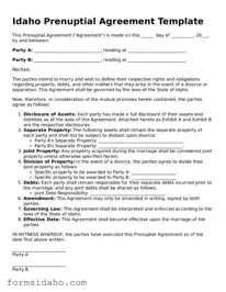 Legal Prenuptial Agreement Document for the State of Idaho