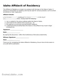 Legal Affidavit of Residency Document for the State of Idaho