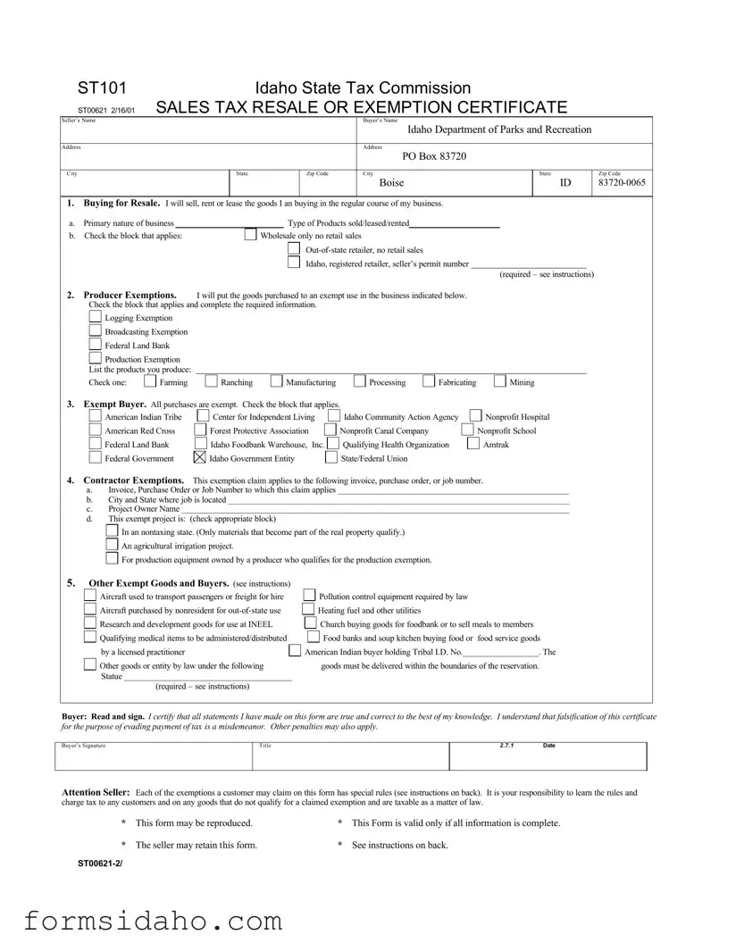 St 101 Idaho Form